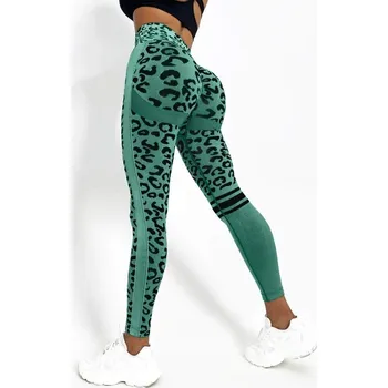 Dámské kalhoty Dámské sportovní tvarující legíny s vysokým pasem a leopardím motivem Barva: zelená, Velikost: S