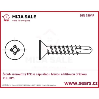 Šroub P 3,5x 13 zinek - Šroub samovrtný TEX se zápustnou hlavou a křížovou drážkou PHILLIPS