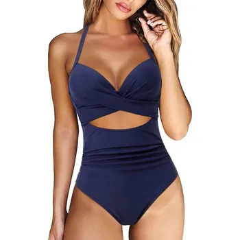 Dámské plavky Dámské plavky jednodílné v moderním střihu - jednobarevné Barva: NA - modrá, Velikost: L