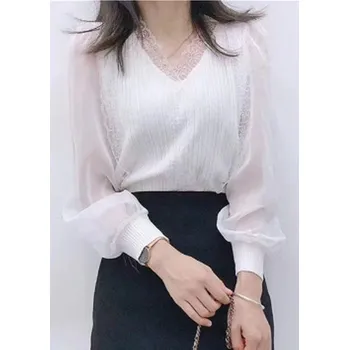 Dámská halenka Dámská ležérní halenka s krajkou a dlouhým průsvitným rukávem Barva: Bílá, Velikost: XXL