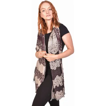 Šátek SANU BABU Šátek s kopretinami, tmavě vínovo-béžový, oboustranný, třásně, 70x190cm