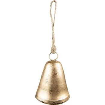 Vánoční ozdoba Zlatý retro kovový zvonek na jutovém provázku – 10x6x13 cm