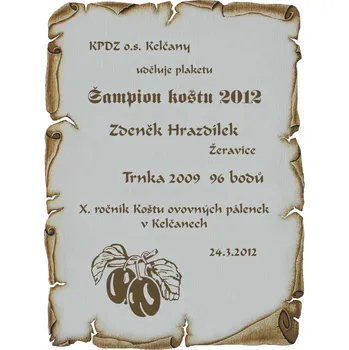 Diplom 774 košt slivovice pergamen z překližky