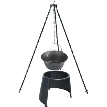 Kempingové nádobí Souprava trojnožka 1,25 m + litinový kotlík 10,8 litru a závětří 33 (trojnožka a gulášový litinový kotlík 10,8 l s chráničem plamene 33 - bezpečně v přírodě )