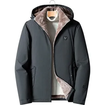 Pánský zimní kabát Pánská zimní bunda větru odolná s kapucí a plyšovou podšívkou Barva: Šedá, Velikost: M