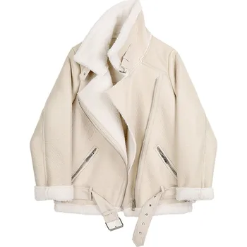 Dámská parka Zimní kožená bunda s kožešinou Barva: Béžová, Velikost: L