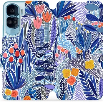 Pouzdro na mobilní telefon Flipové pouzdro Mobiwear - Honor 90 Lite 5G - MP03P Modrá květena (Knížkové flip pouzdro, obal, kryt na mobil Honor 90 Lite 5G - MP03P Modrá květena, materiál Umělá kůže + TPU - ochrana 360°, stojánek, silikonová vanička, magnetické zavírání)