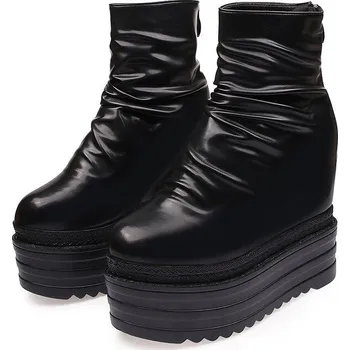 Dámské kozačky Řasené kotníkové boty na klínovém podpatku Barva: Černá, Velikost: 35