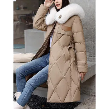 Dámský zimní prošívaný kabát s kožešinovým límcem Barva: Khaki, Velikost: XXXL