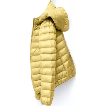 Dámská jarní/podzimní prošívaná bunda s kapucí plněná kachním peřím Barva: Žlutá, Velikost: XXXL