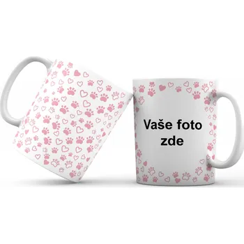 Hrneček s vlastní fotkou a tlapkami se srdíčky okolo (CELOPOTISK, jednobarevný) - 330ml bílý Barva: Růžová