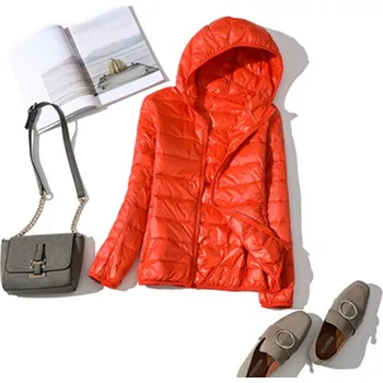 Dámská casual bunda Dámská jarní/podzimní prošívaná bunda s kapucí plněná kachním peřím Barva: Oranžová, Velikost: 5XL