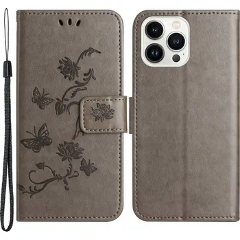 Pouzdro na mobilní telefon Flower PU kožené peněženkové pouzdro na mobil iPhone 14 Pro Max 6.7 - šedé