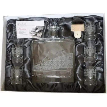 Sklenice Sada Crystal dekor 2 - fl.Jens 0.70 + 6 skleniček s obtiskem Čičmiansky vzor + uzavěr griffkork