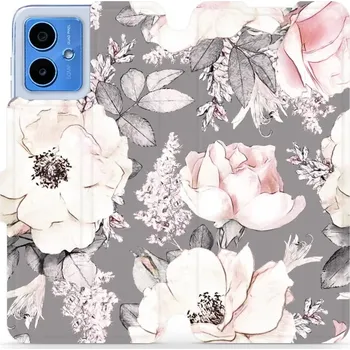 Pouzdro na mobilní telefon Flipové pouzdro Mobiwear - Motorola Moto G14 - MX06S Květy na šedém pozadí (Knížkové flip pouzdro, obal, kryt na mobil Motorola Moto G14 - MX06S Květy na šedém pozadí, materiál Umělá kůže + TPU - ochrana 360°, stojánek, silikonová vanička, magnetické)