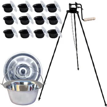 Kempingové nádobí Nerezový kotlík 14 L (0,8 mm) INOX + stojan s kladkou VAR + nerezová poklice a misky 12 ks