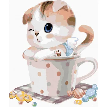 Diamondi Diamantové malování - KOTĚ V HRNEČKU Rozměr: 40x50 cm, Rámování: vypnuté plátno na rám