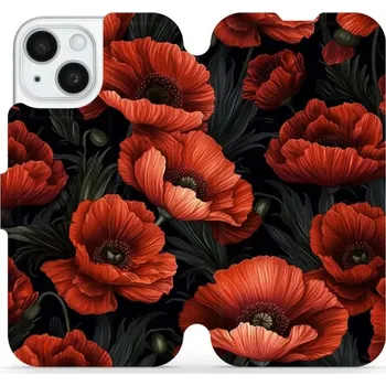 Pouzdro na mobilní telefon Flipové pouzdro Mobiwear - Apple iPhone 15 - VP45S Temné červené květy (Knížkové flip pouzdro, obal, kryt na mobil Apple iPhone 15 - VP45S Temné červené květy, materiál Umělá kůže + TPU - ochrana 360°, stojánek, silikonová vanička, magnetické zavírání)