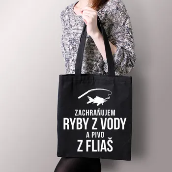 Žertovný předmět Zachraňujem ryby z vody a pivo z fliaš - včera, dnes a zajtra - taška s potiskem