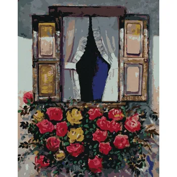 Diamondi Diamantové malování - OKNO S ROZKVETLÝMI KVĚTINAMI Rozměr: 40x50 cm, Rámování: vypnuté plátno na rám