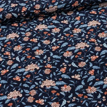 Směsový úplet 06502 003 rezavé květy s modrými listy na tmavě modré, š.150cm (látka v metráži)