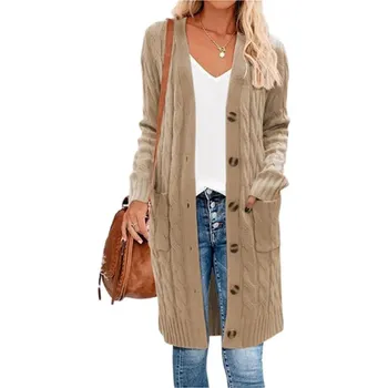 Dámský svetr Krásně měkký dlouhý svetr/cardigan s kapsami Barva: Khaki, Velikost: M