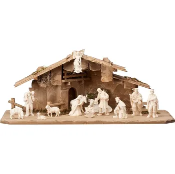 Vánoční dekorace Ornatis Sestava betlému Marie VI - 13 postav Provedení: Přírodní bez malování, Velikost stojících figur dospělých postav: 8 cm, Rozměr chlévu: 50 x 23 x 20 cm (š x h x v) - vhodné pro sošky 8 cm