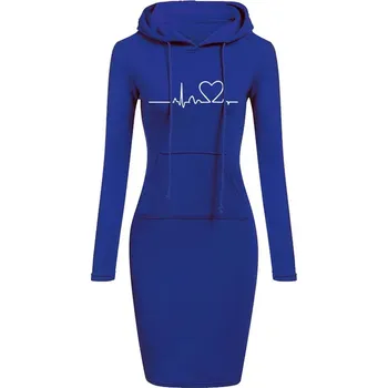 Dámský svetr Pohodlné dámské mikinové šaty s potiskem a kapucí Barva: modrá, Velikost: XXXL