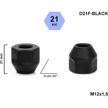 Matice na kolo Kolová matice M12x1,5 kužel otevřená, černá, klíč 21, D21F-BLACK, výška 21mm