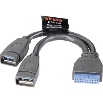 Elektrická zásuvka Akasa USB kabel USB 3.2 Gen1 plochý konektor 19pol., USB-A zásuvka 0.15 m černá pozlacené kontakty, UL certifikace AK-CB