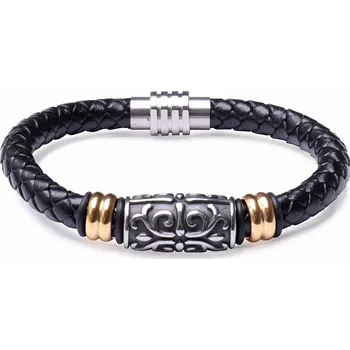 Drahý kámen Pánský černý kožený náramek zdobený nerez ocel obvod cca 22 cm