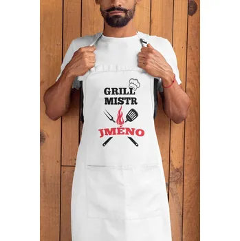 Kuchyňská zástěra Zástěra - Gril mistr s vlastním jménem Barva: Bíla
