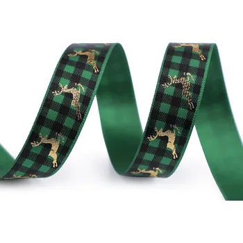 Stuha Vánoční saténová stuha káro sob šíře 16 mm