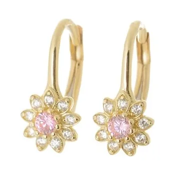 Náušnice Dětské náušnice kytičky ze žlutého zlata s růžovými zirkony ZNA235F + Dárek zdarma