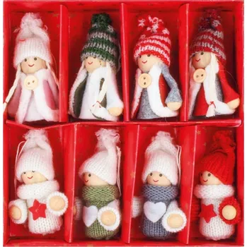 Vánoční dekorace Skřítci na zavěšení 7 cm, 8 ks v krabičce