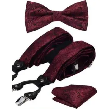 Kšandy Luxusní set červený s květinovým vzorem - Motýlek, kšandy (šle) a kapesníček v dárkovém balení