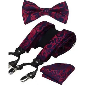 Kšandy Luxusní set s červenomodrým vzorem - Motýlek, kšandy (šle) a kapesníček v dárkovém balení