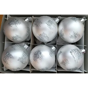 Vánoční dekorace Vánoční skleněné koule 7cm, hladké, stříbřené, bílý mat, sypaný dekor, 6ks