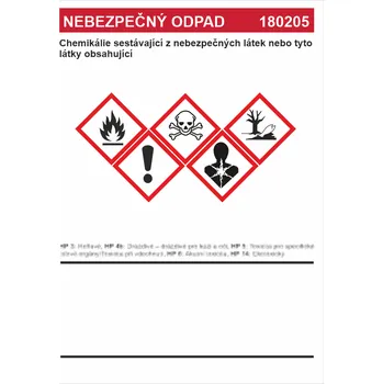 Značení Nebezpečný odpad 180205 - Chemikálie sestávající..... samolepící vinylová fólie A6 (148 x 105 mm)