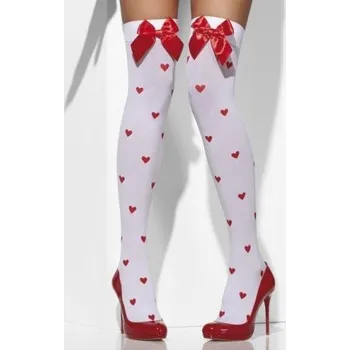 Dámské erotické prádlo Punčochy bílé srdíčkované s červenou mašlí