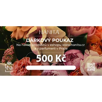 Dárkový potravinový koš NANITA parfémy, dárkový poukaz v hodnotě 500 Kč Dárkový poukaz