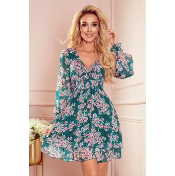 Dámské oblečení 410-2 MONICA šifonové šaty s vázaným výstřihem - RŮŽOVÉ KVĚTY NA ZELENÉM PODKLADĚ S