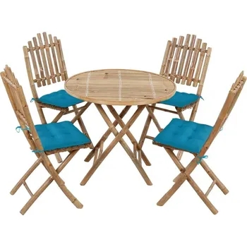Zahradní sestava vidaXL 5dílný skládací zahradní jídelní set s poduškami bambus [3063981] Barva: Světle modrá