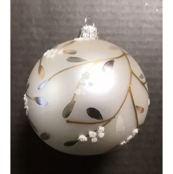 Vánoční dekorace Vánoční skleněné koule 7cm, hladká, bílý mat, malovaný větvičkový dekor, 6ks