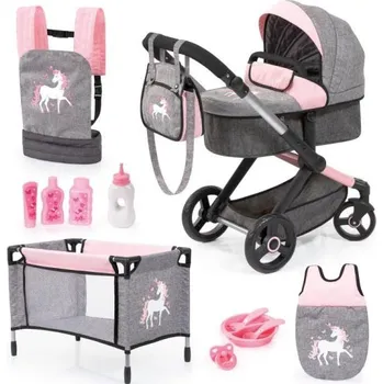 Kočárek pro panenku Bayer Design Xeo set pro panenky s příslušenstvím do dětského pokoje šedý/růžový