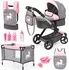 Kočárek pro panenku Bayer Design Xeo set pro panenky s příslušenstvím do dětského pokoje šedý/růžový