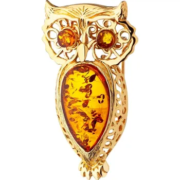 Brož Pozlacená stříbrná brož a přívěsek s jantarem - sova - AP536-8346