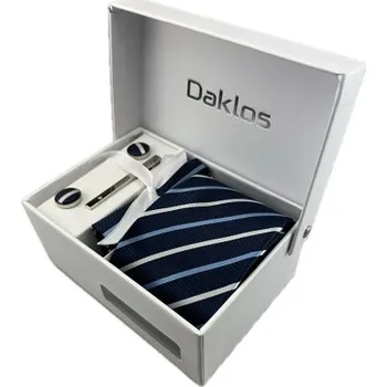 Kravata Luxusní set různé modré a bílé proužky - Kravata, kapesníček, manžetové knoflíčky, kravatová spona v dárkové krabičce