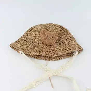 Klobouk Dívčí letní háčkovaný klobouček - khaki medvěd,52 cm (2-6 let)