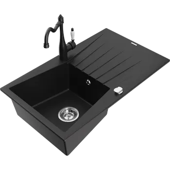 Granitový dřez Mexen Cesar granitový dřez s 1 komorou, odkapávačem a kuchyňskou baterií Carla, černý - 6514-77-670700-70 Granitové dřezy s baterií